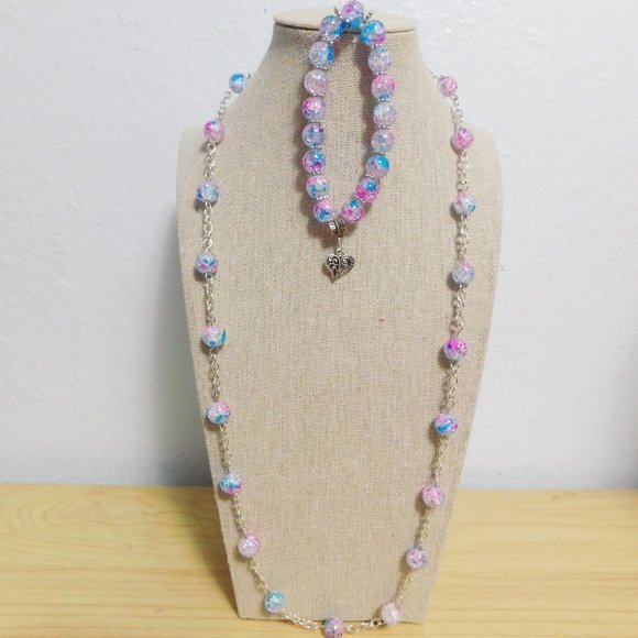 Handmade Pink & Turquoise Glass Confetti Beaded Necklace, Bracelet & Ear… - Picture 2 of 9